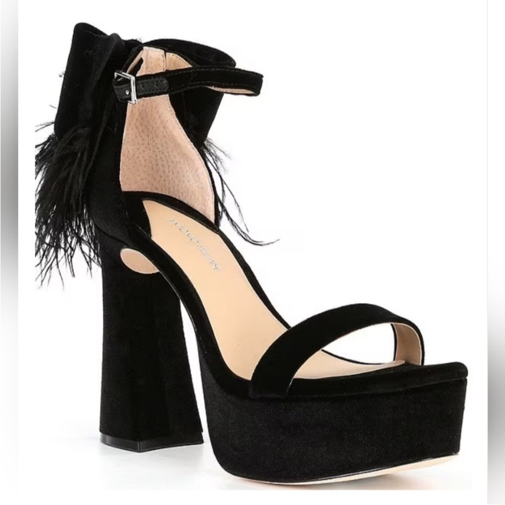 NEW Antonio Melani “Janie” Black Velvet and Feathers Platform Sandals NWT 9.5